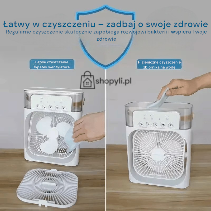 Mini klimatyzator przenośny 3w1 – air cooler z nawilżaczem i lampką LED, zasilanie USB | Idealny do domu i biura