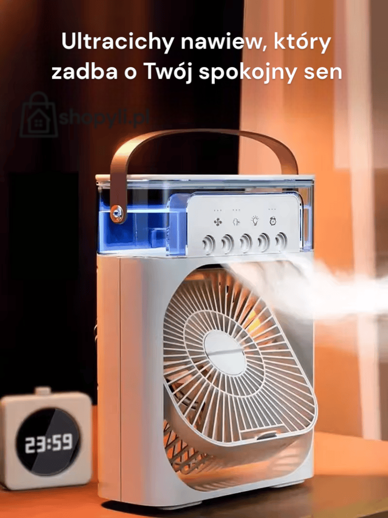 Mini klimatyzator przenośny 3w1 – air cooler z nawilżaczem i lampką LED, zasilanie USB | Idealny do domu i biura