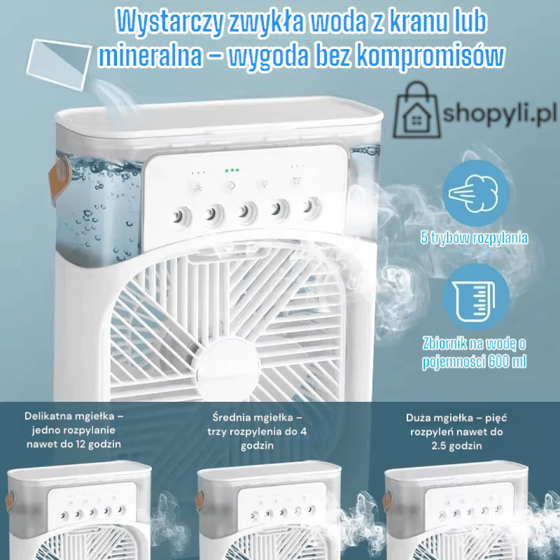 Mini klimatyzator przenośny 3w1 – air cooler z nawilżaczem i lampką LED, zasilanie USB | Idealny do domu i biura