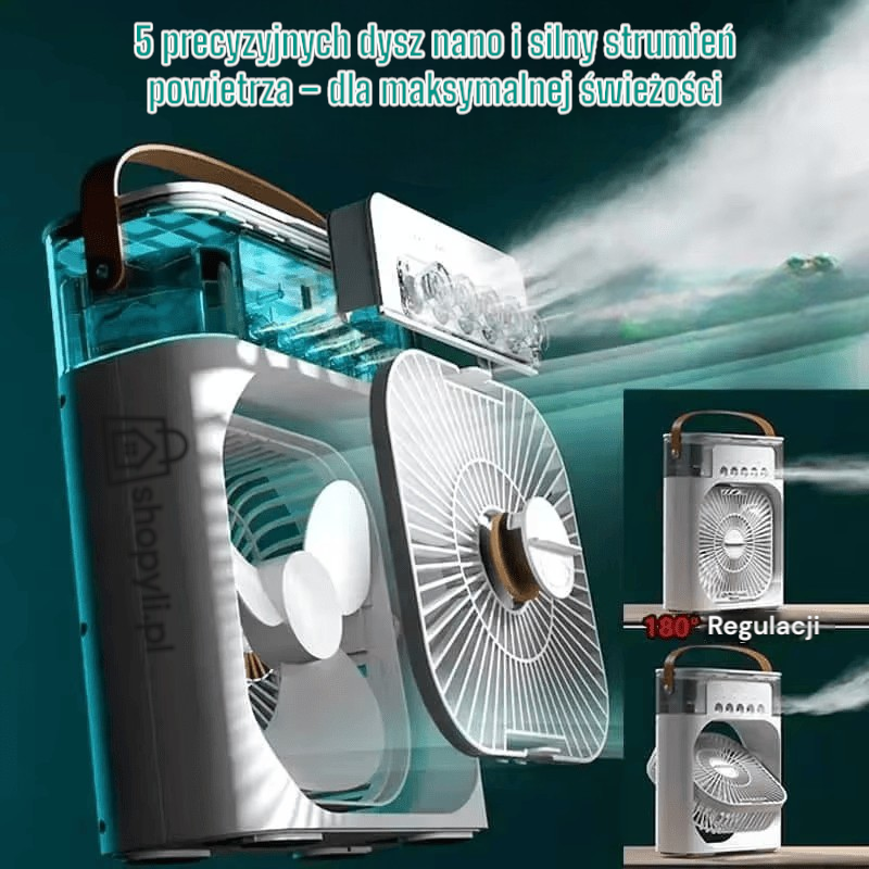 Mini klimatyzator przenośny 3w1 – air cooler z nawilżaczem i lampką LED, zasilanie USB | Idealny do domu i biura