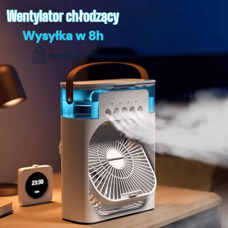 Mini klimatyzator przenośny 3w1 – air cooler z nawilżaczem i lampką LED, zasilanie USB | Idealny do domu i biura