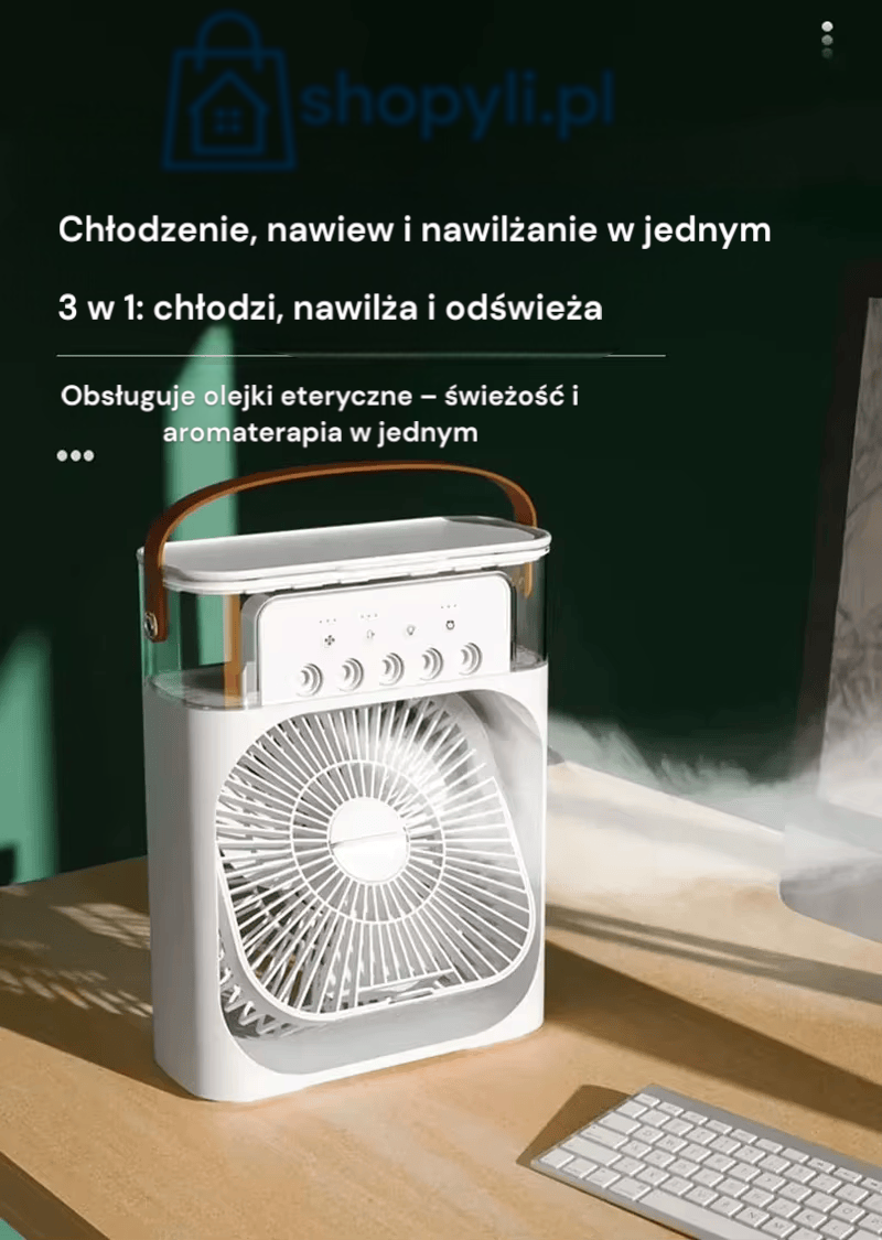 Mini klimatyzator przenośny 3w1 – air cooler z nawilżaczem i lampką LED, zasilanie USB | Idealny do domu i biura