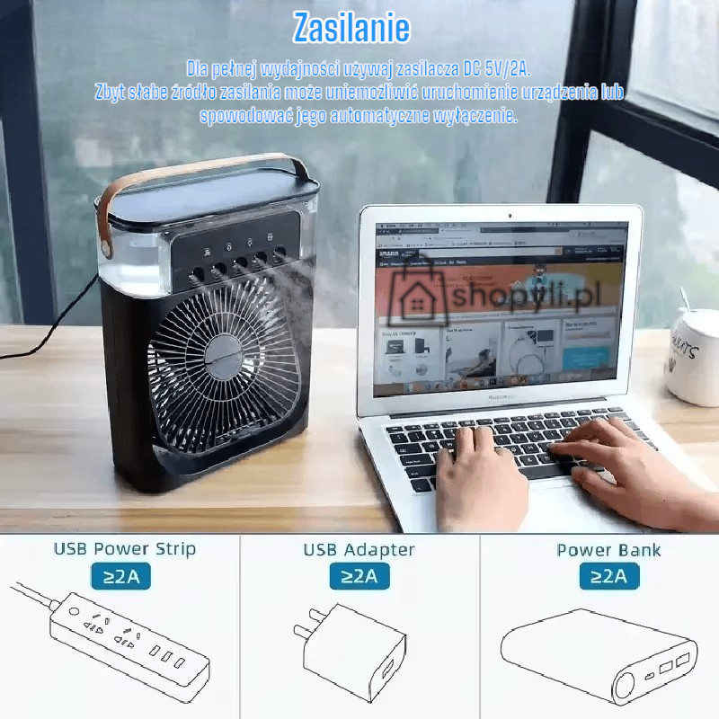 Mini klimatyzator przenośny 3w1 – air cooler z nawilżaczem i lampką LED, zasilanie USB | Idealny do domu i biura
