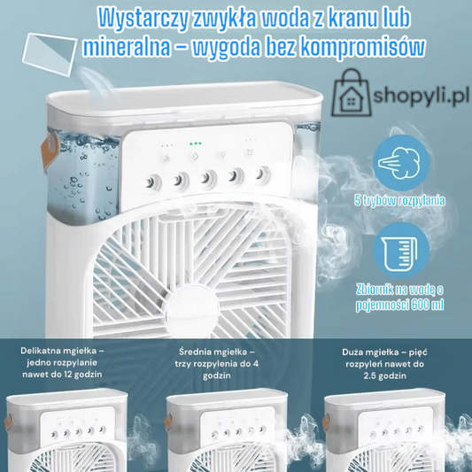 Mini klimatyzator przenośny 3w1 – air cooler z nawilżaczem i lampką LED, zasilanie USB | Idealny do domu i biura